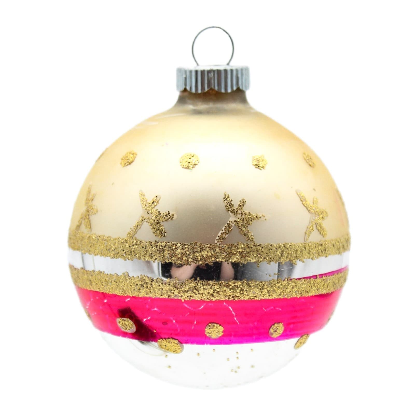 Shiny Brite Gold Mica Star Pattern Pink Silver Glass Christmas Ornament Vintage - Image 1
