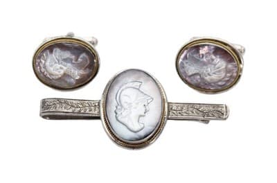Vintage 800 European Silver Abalone Carved Cameo Tie Bar & Cufflinks Set - Image 1
