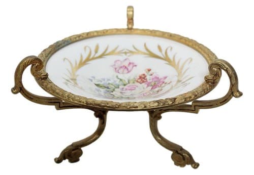 SÈVRES Antique French Porcelain Footed Floral Serving Dish With Bronze Mount - Image 1