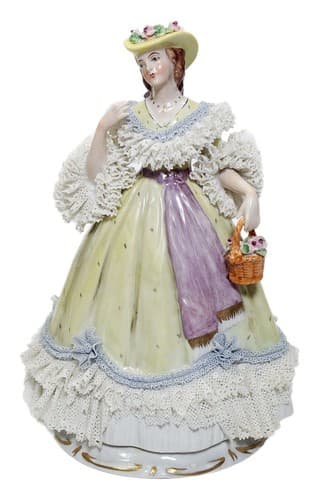 Antique Hand Painted Volkstedt Germany Lacd Dress Porcelain Figurine - Image 1
