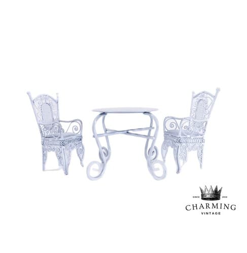 Vintage Garden Metal Victorian White Chairs &Table Miniature Dollhouse Furniture - Image 1