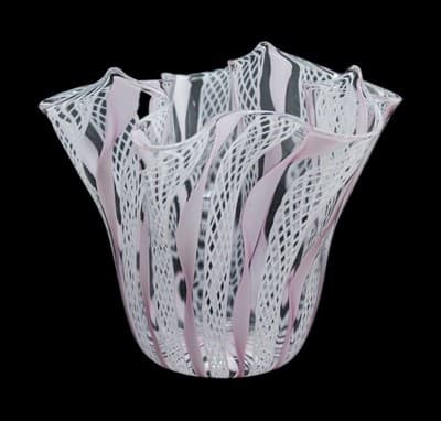 Vintage Murano Art Glass Handkerchief Vase With Pink & White Zanfirico Ribbons - Image 1