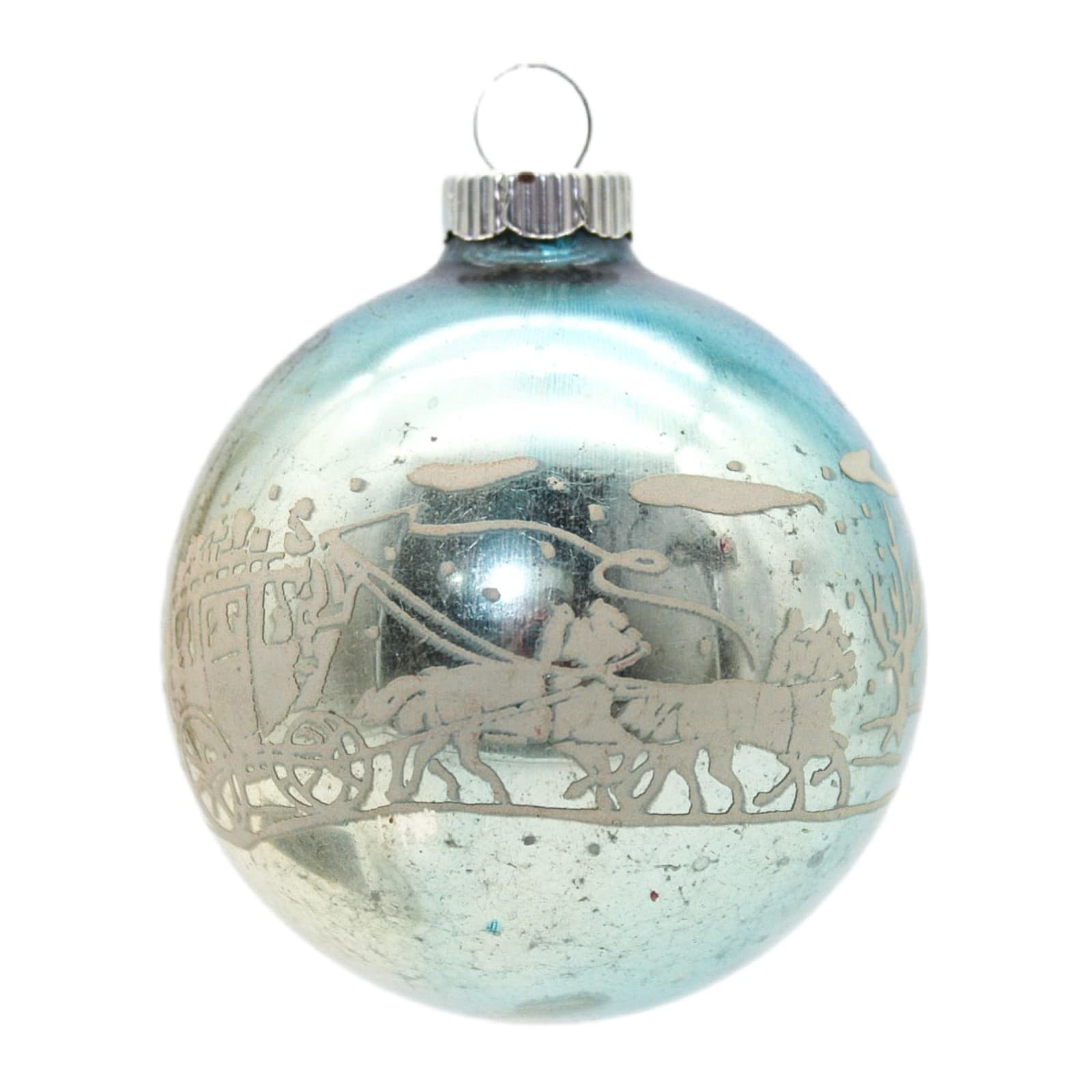 Vintage Shiny Brite Blue Winter Scene Stencil Mercury Glass Christmas Ornament - Image 1