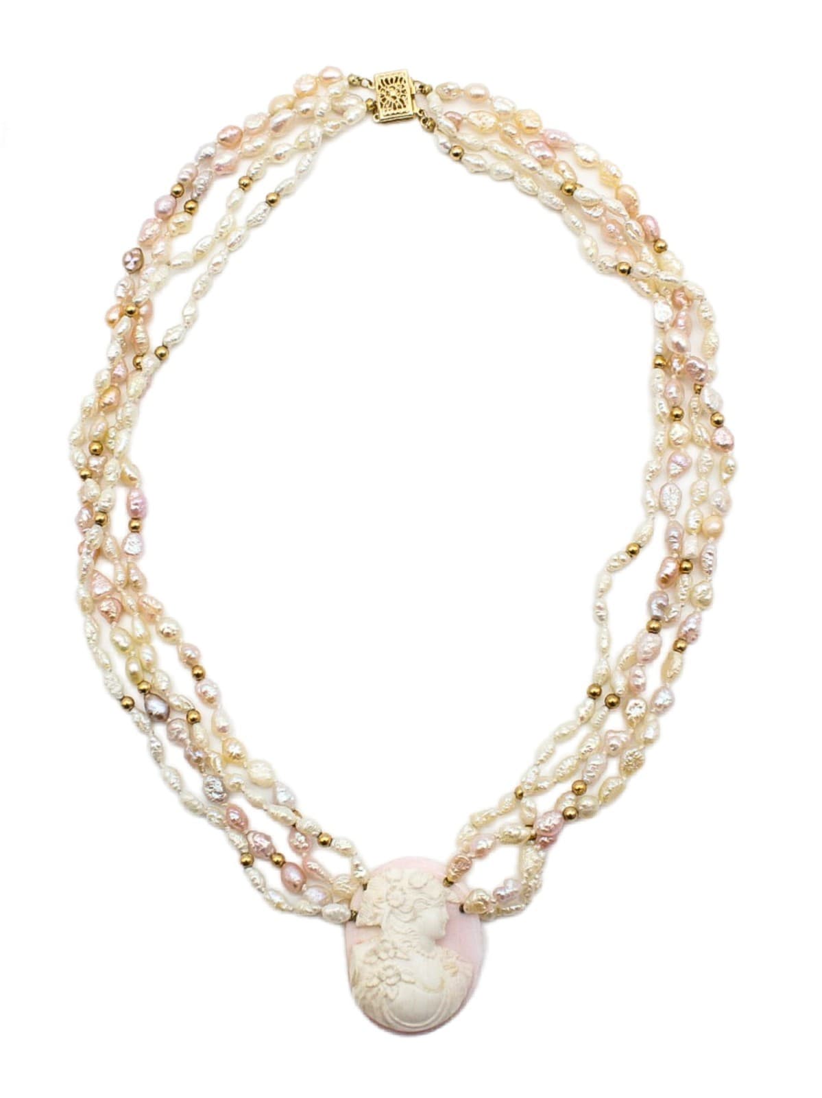 Vintage 14K Gold Multi-Strand Freshwater Pearl Hand Carved Cameo Shell Necklace - Image 1