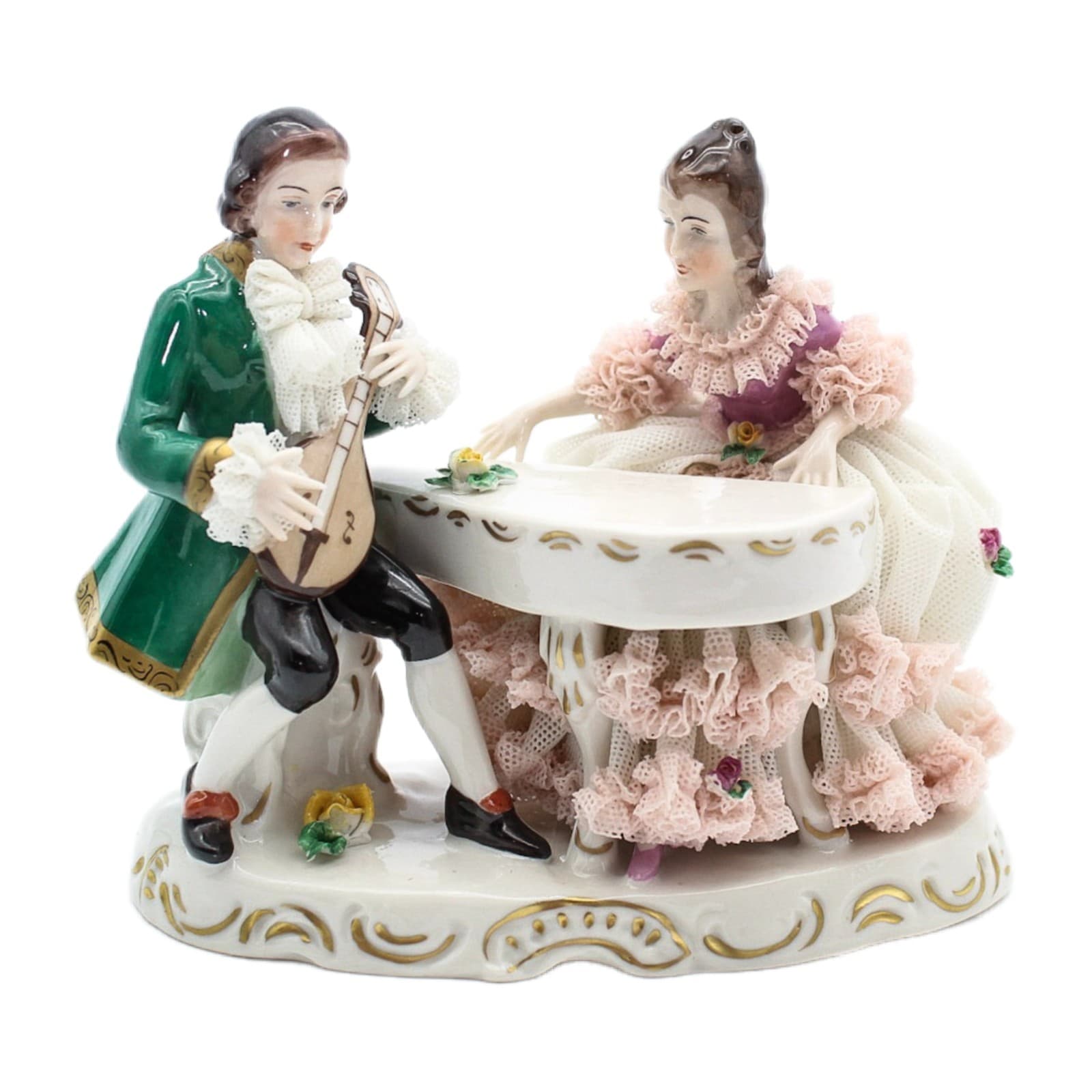 Dresden Germany Antique Romantic Scene Laced Hand Painted Porcelain Figurine - Image 1