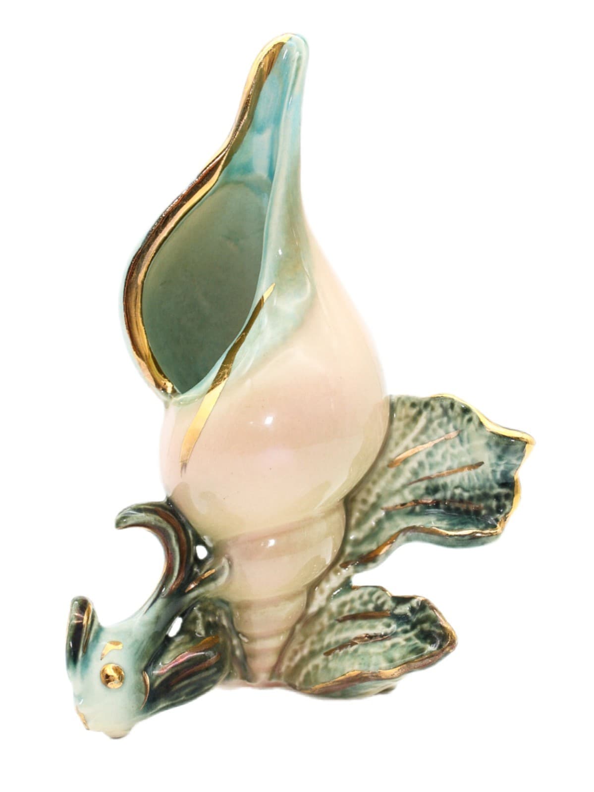 Vintage Hull Pottery Ebb Tide Pink Green Gold Trim Conch Shell Vase - Image 1