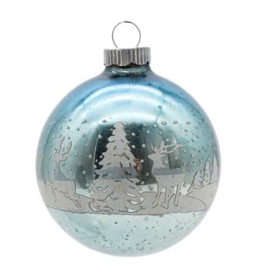 Shiny Brite Stencil Winter Reindeer Scene Blue Glass Christmas Ornament - Image 1