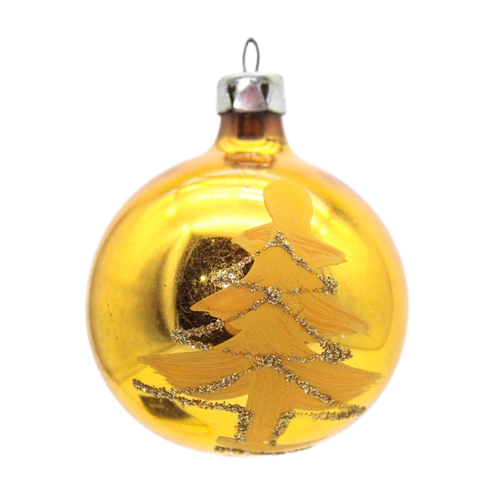 Vintage Hand Painted Poland Gold Glass Mica Christmas Tree Motif Ornament 2" - Image 1