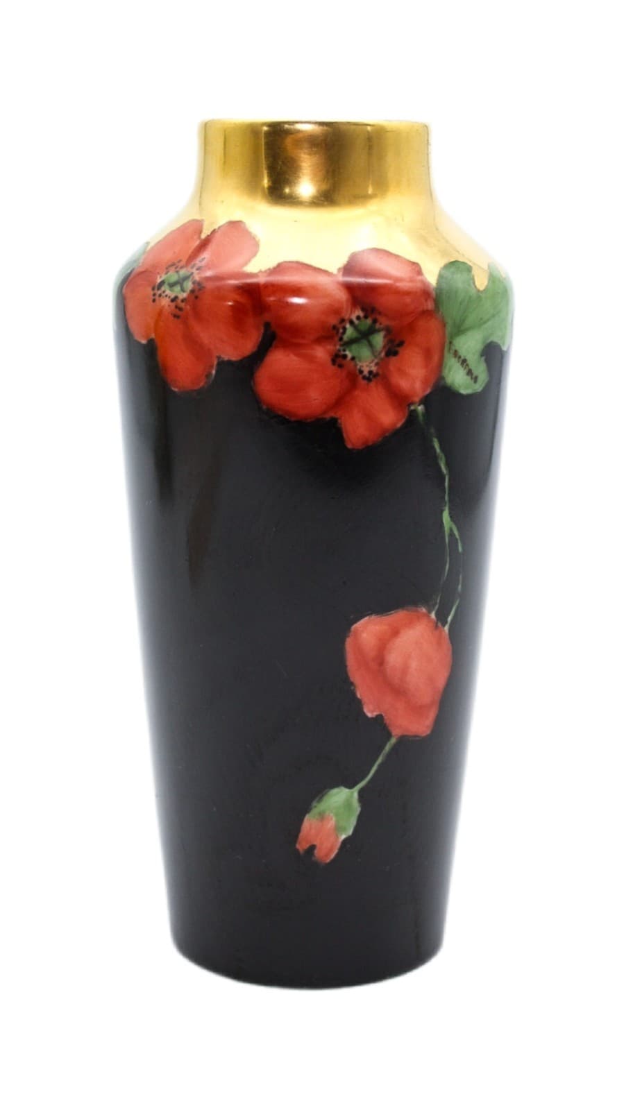 Vintage France Art Nouveau Hand-Painted Floral Gold Gilt Porcelain Vase - Image 1