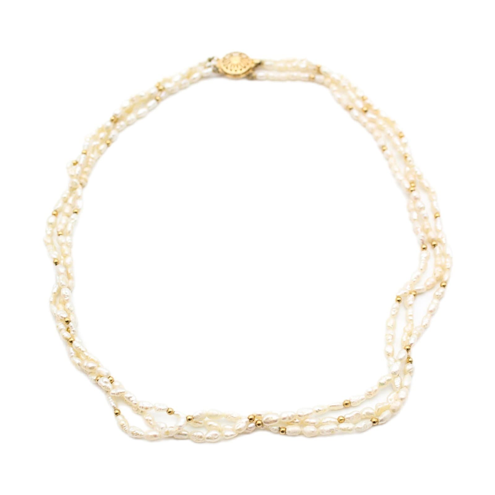 Vintage 14K Yellow Gold Triple-Strand Freshwater Rice Pearl Necklace - Image 1