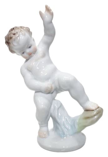 HEREND HUNGARY Vintage Nude Cherub Hand Painted Porcelain Boy Figurine - Image 1