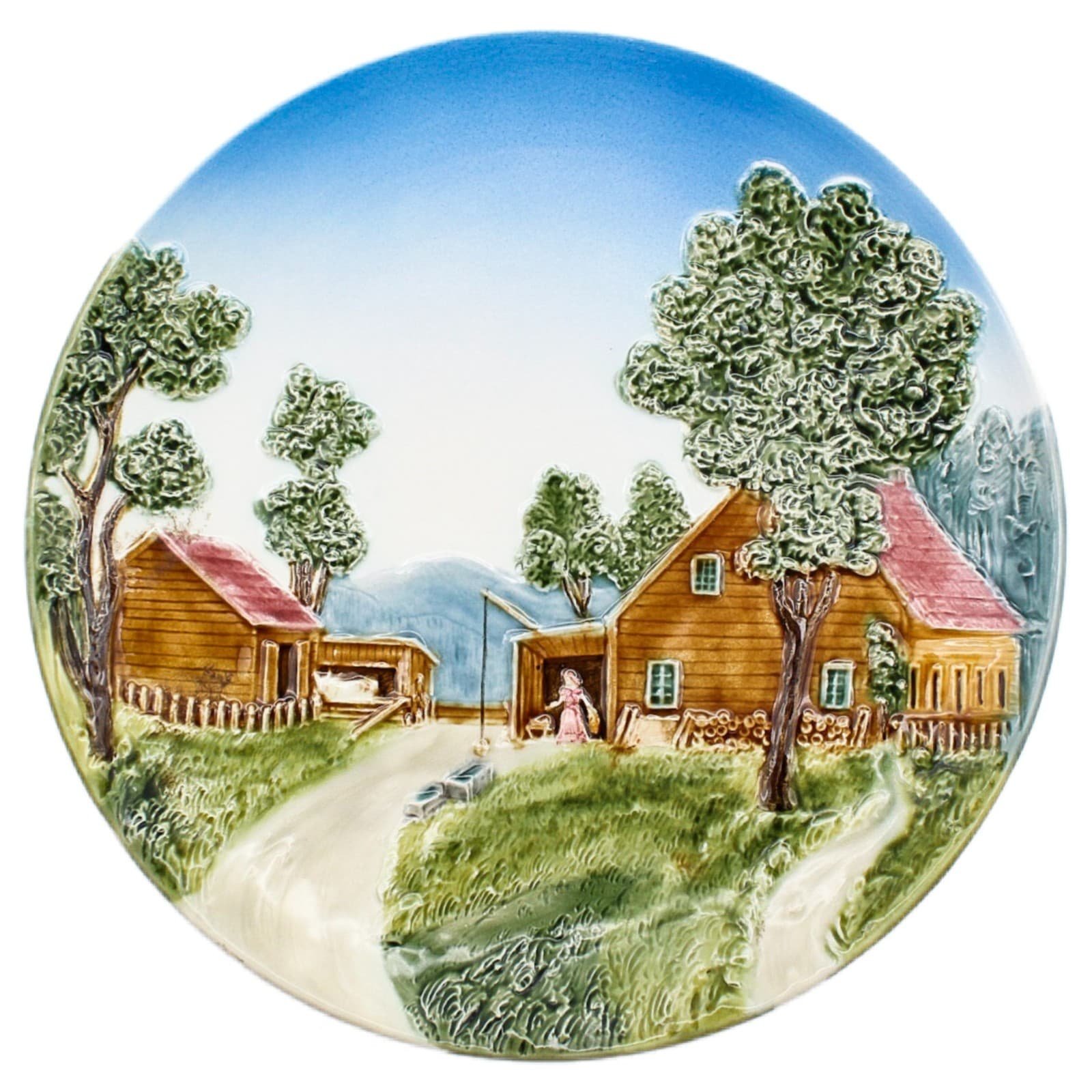 Majolica Germany Low Relief Landscape Porcelain Hand Painted Wall Plate - Image 1