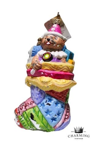 Vintage CHRISTOPER RADKO "Patchwork Wonders" Glass Christmas Ornament w/ Tag - Image 1