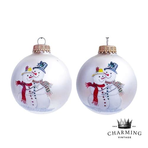 2 Vintage Carol Culhane Mr. & Mrs. Snowman Round Blown Glass Christmas Ornament - Image 1