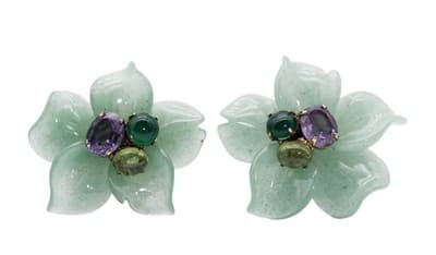 Vtg BOUNKIT Natural Green Jade Amethyst Citrine Floral Motif Clip On Earrings - Image 1