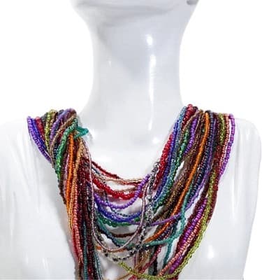 Vintage Multicolor Glass Micro Beads Multistrand Lucite Clasp Statement Necklace - Image 1