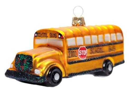 Vintage 2003 Poland Christmas Wreath Glass Yellow School Bus Holiday Ornament