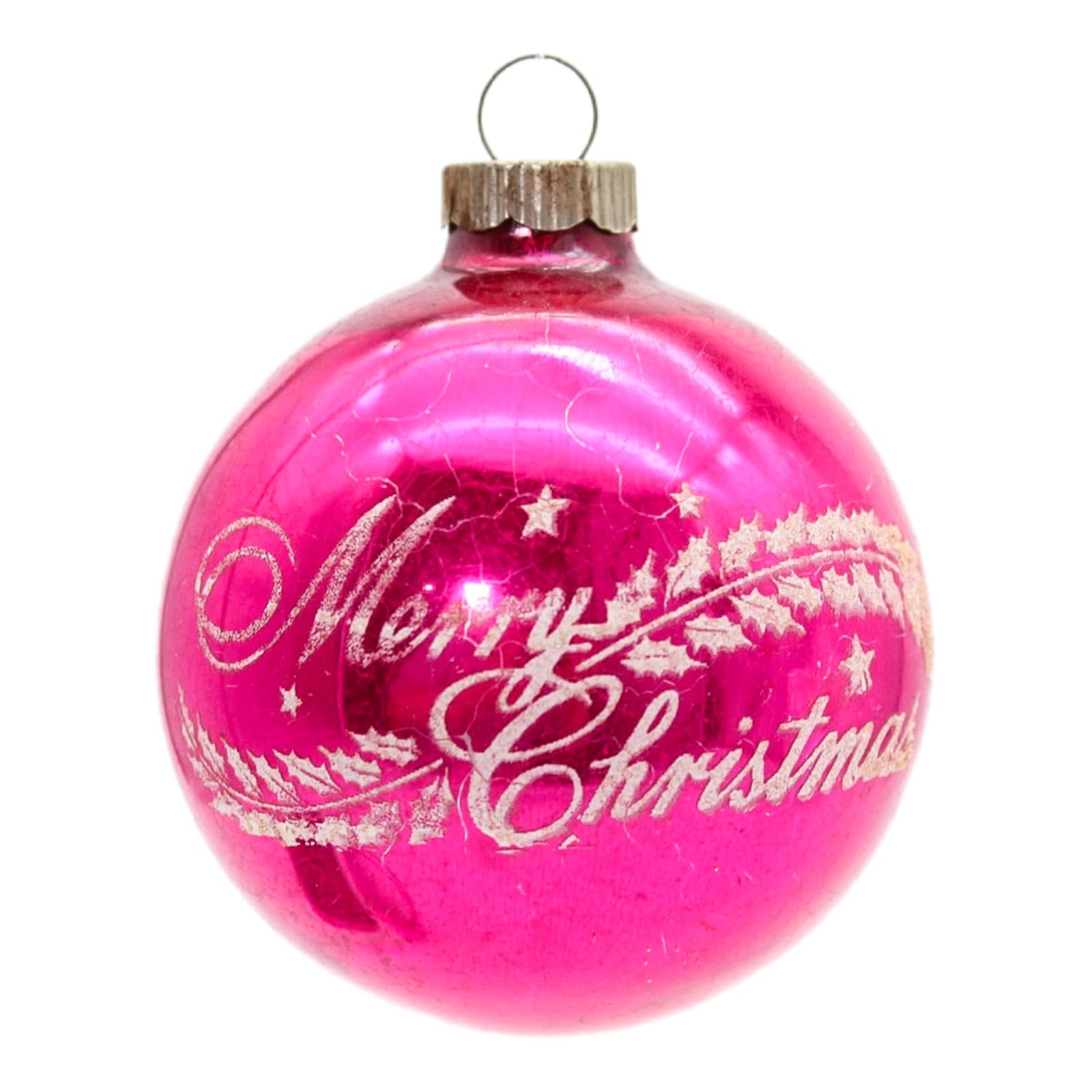 Vintage Shiny Brite Hot Pink Stenciled Merry Christmas Glass Ball Ornament USA