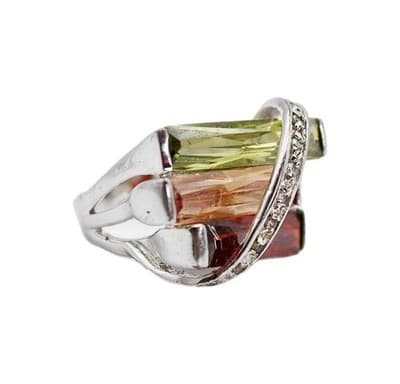 Vintage 18K White Gold Electro Plated Natural Stones Ring Size 6.75 - Image 1