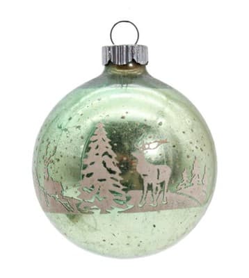 Vintage SHINY BRITE Light Green Reindeer Scene Stencil Glass Christmas Ornament - Image 1