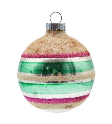 Shiny Brite Mica Silvered Striped Pink Green Glass Ball Christmas Ornament - Image 1