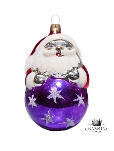 Vintage Old Germany Glass Mercury Santa on Ball Hand Painted Christmas Ornament - Image 1