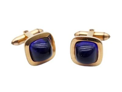 Correct Quality Marked Vintage Blue Cabochon Crystal Gold Tone Men's Cufflinks