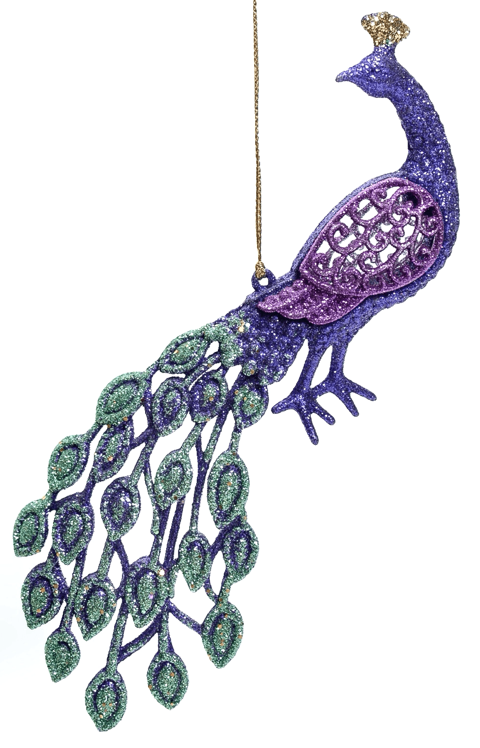Large Vintage Glitter Peacock Christmas Ornament Purple Teal Filigree Wings