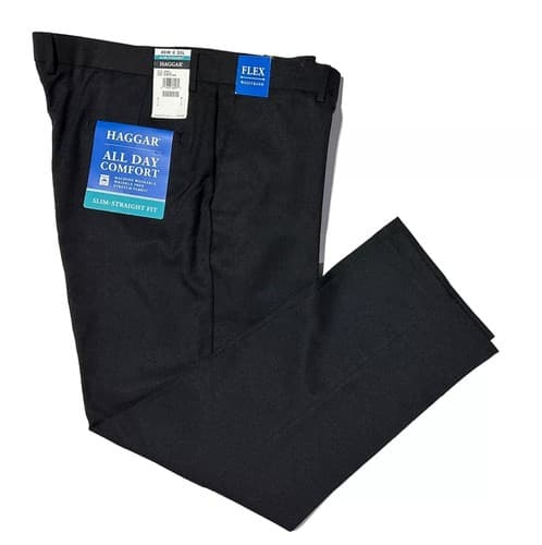 HAGGAR Dress Pants Mens 44X32 Black Flat Front Slim Straight Stretch No Wrinkle - Image 1