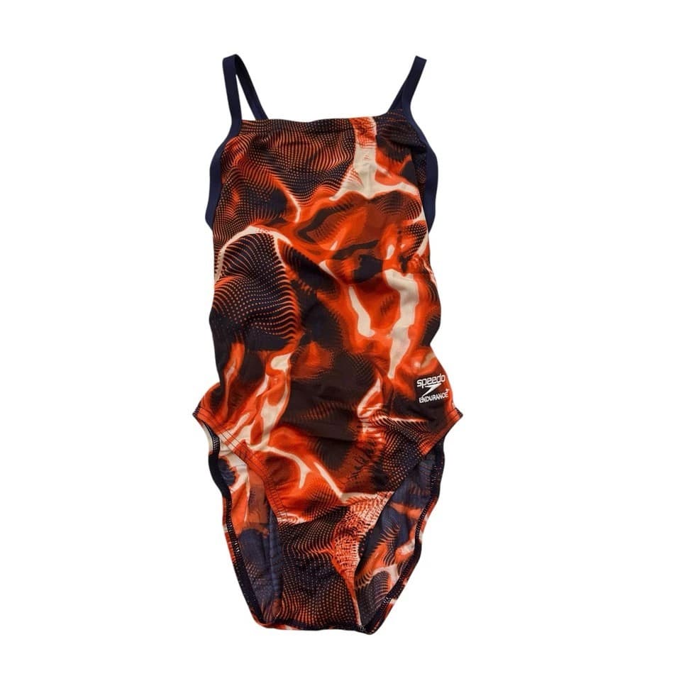 Speedo Endurance+ Flash Time Flyback Swimsuit Women 24 Orange Navy Swim Club NWT - Image 1