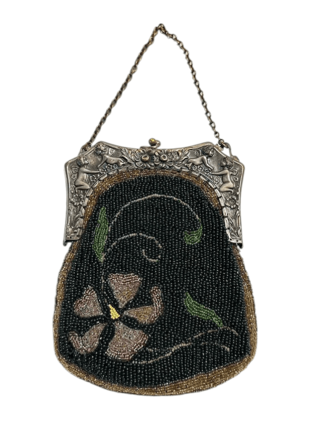 Antique Hand Beaded Art Deco 1920s Evening Bag with Floral Design with Intricately Detailed Frame and Chain - Image 1