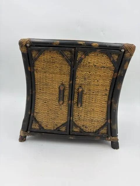 Small Vintage Two Tone Bamboo and Wicker Distressed Storage Cabinet - Image 1