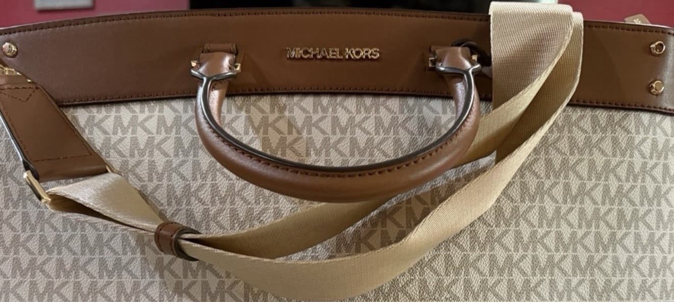 Michael Kors Beige & Brown Logo Tote with Gold Hardware & Detachable Strap