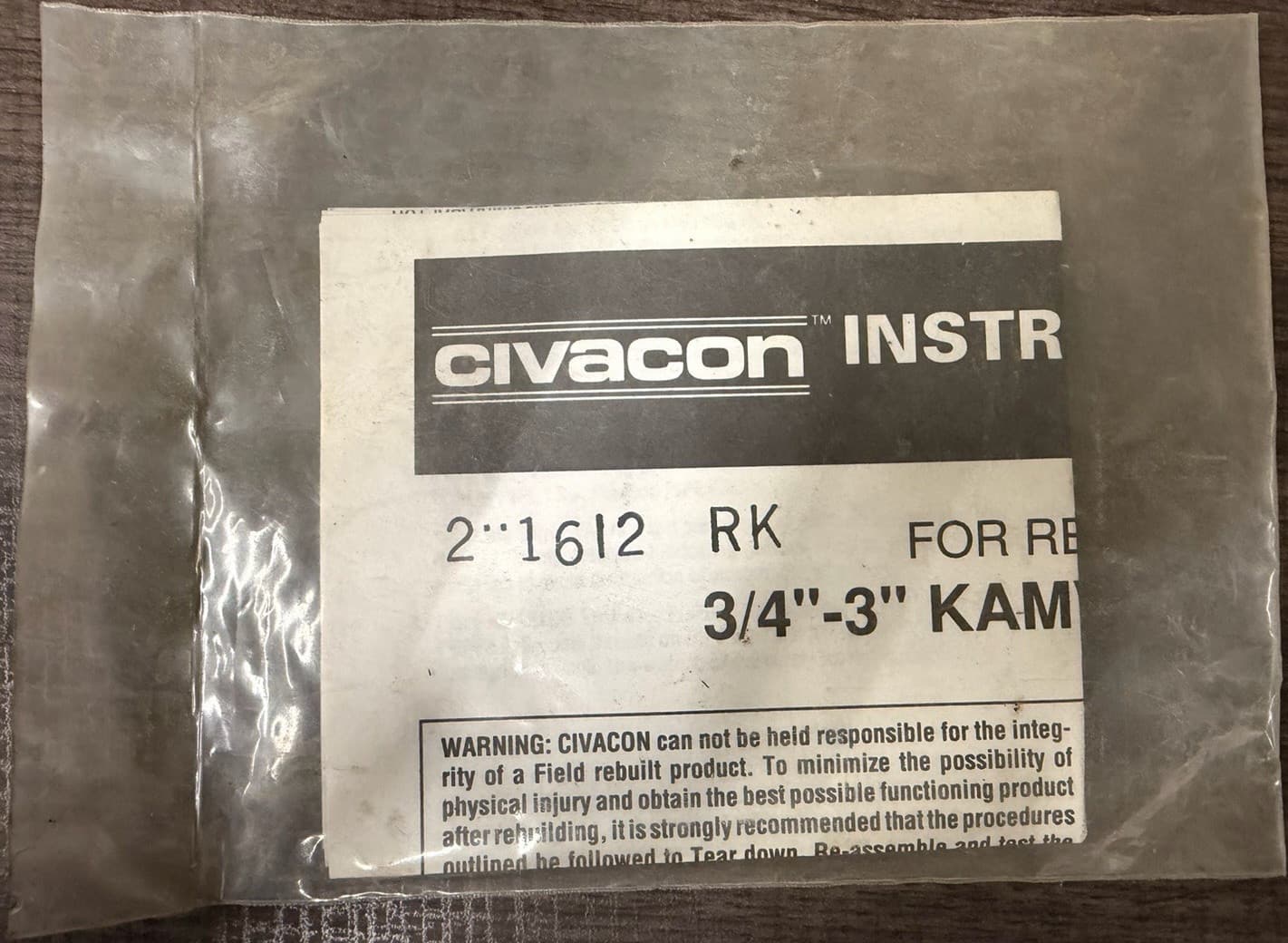 Civacon 2-1612 RK 3/4"-3" KAM Rubber O-Ring/Gasket Repair Kit Instructions
