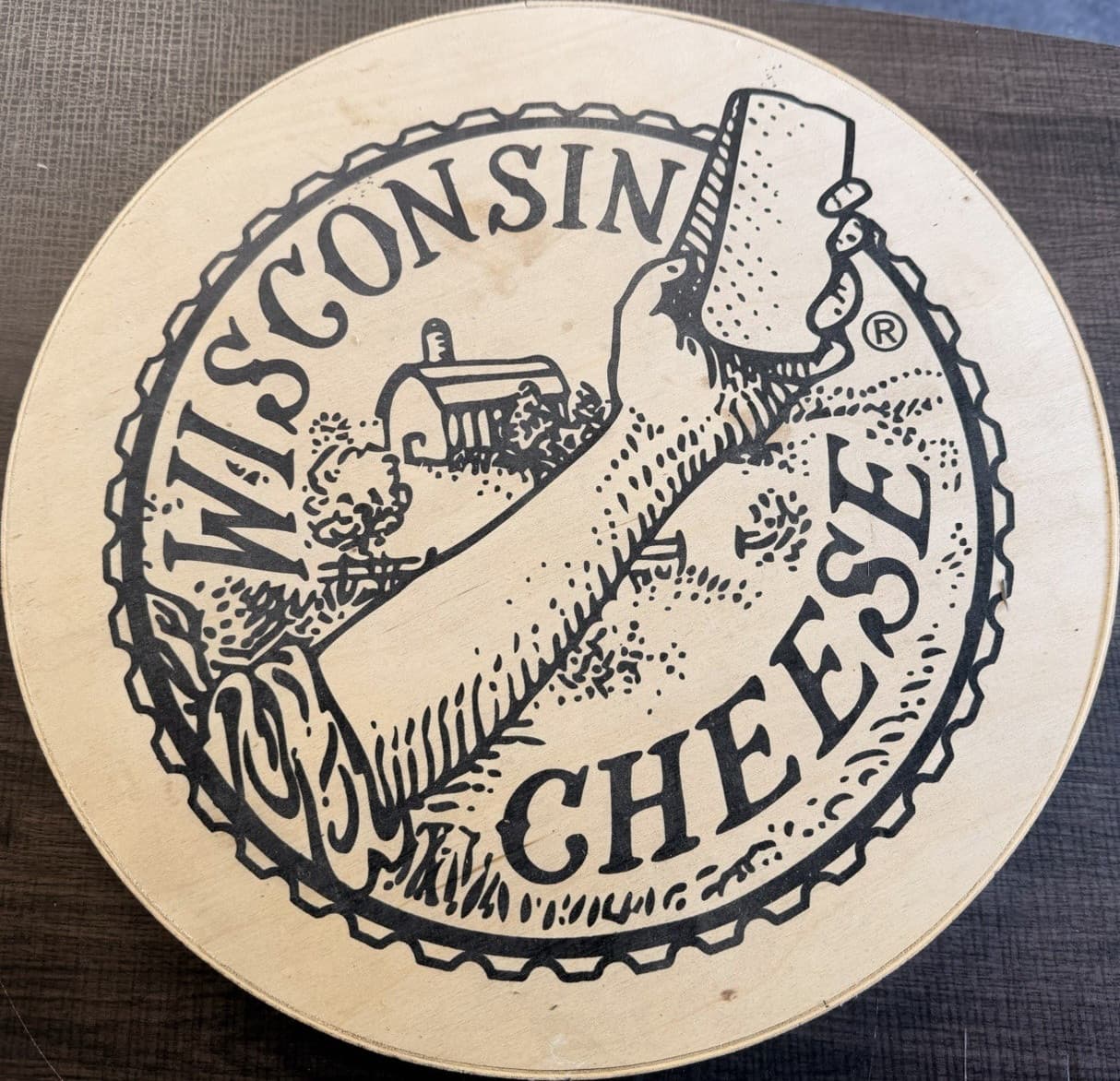 Wisconsin Cheese Round Wooden Advertising Storage Box w/ Lid, Graphic Print