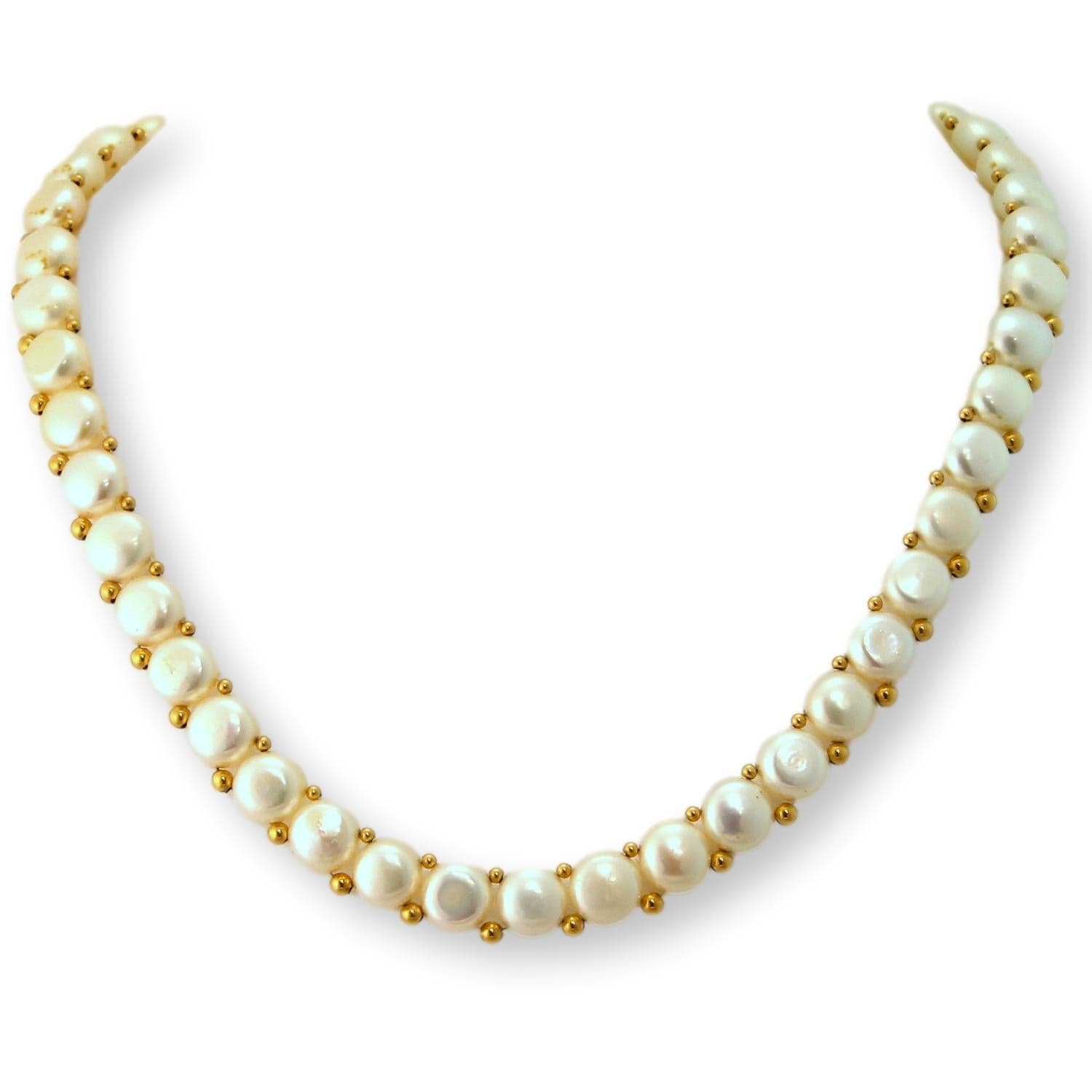 14K Yellow Gold Cultured Pearl Necklace – 9.5mm White Pearls with Gold Spacer Beads - 18 in - Image 1
