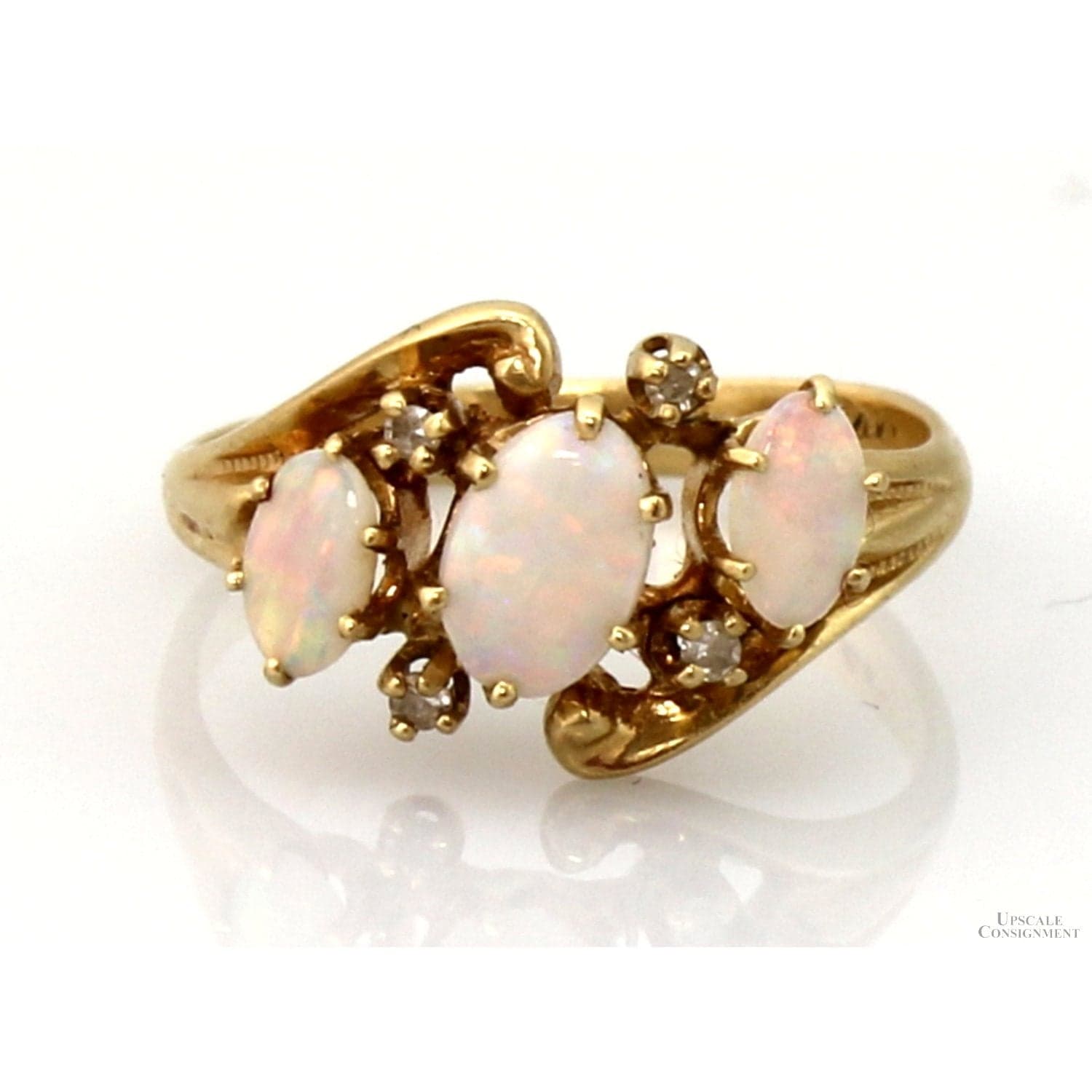 Vintage 14K Yellow Gold Natural Opal & Diamond Ring – Three Stone Opal Ring - Size 4.5 - Image 1