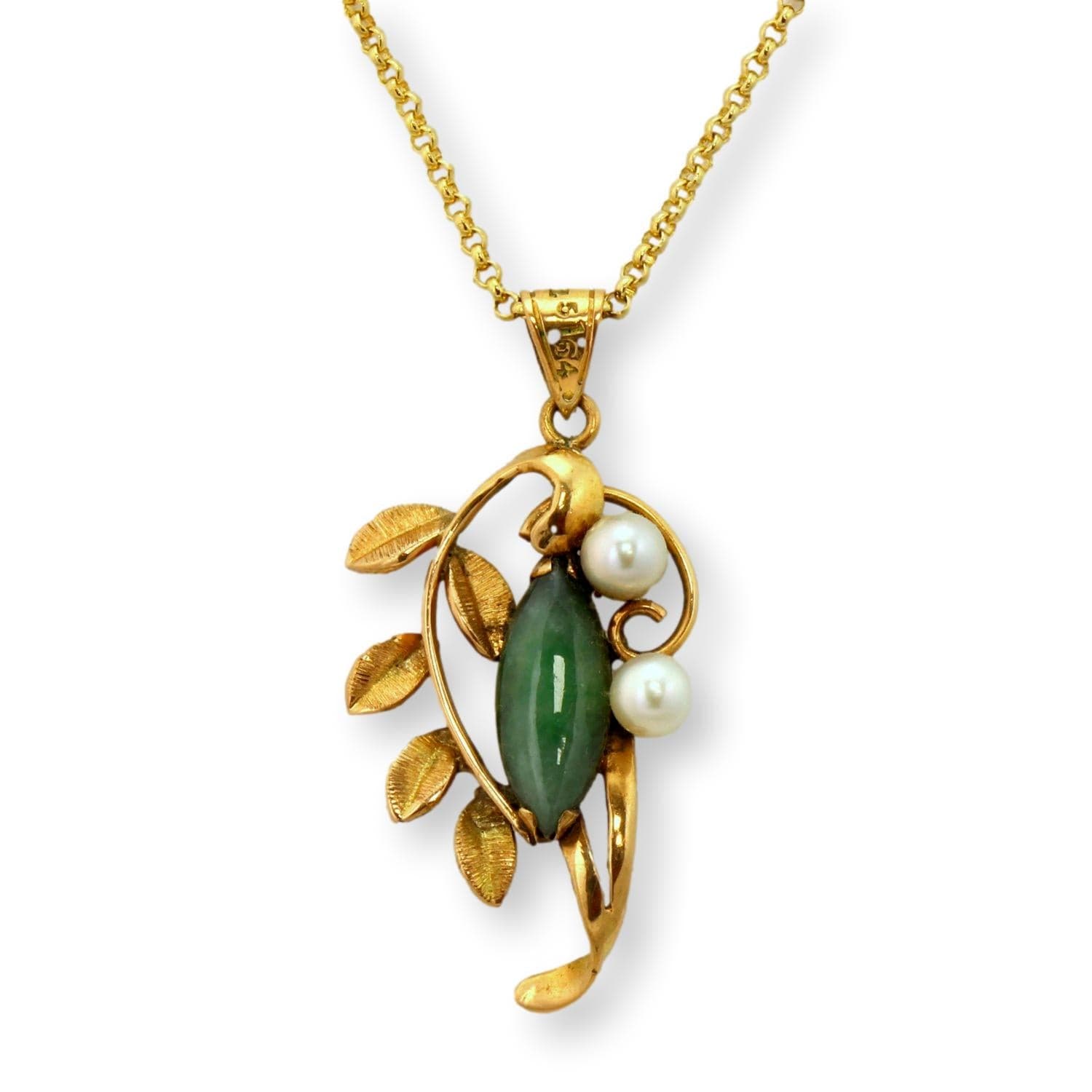 14K Gold Jade & Cultured Pearl Mid-Century Botanical Pendant - Image 1