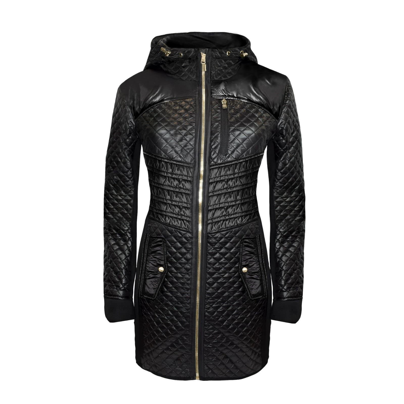 MICHAEL KORS Women's Black Mixed Media Coat Hooded Quilt Jacket Size X Large - Image 1