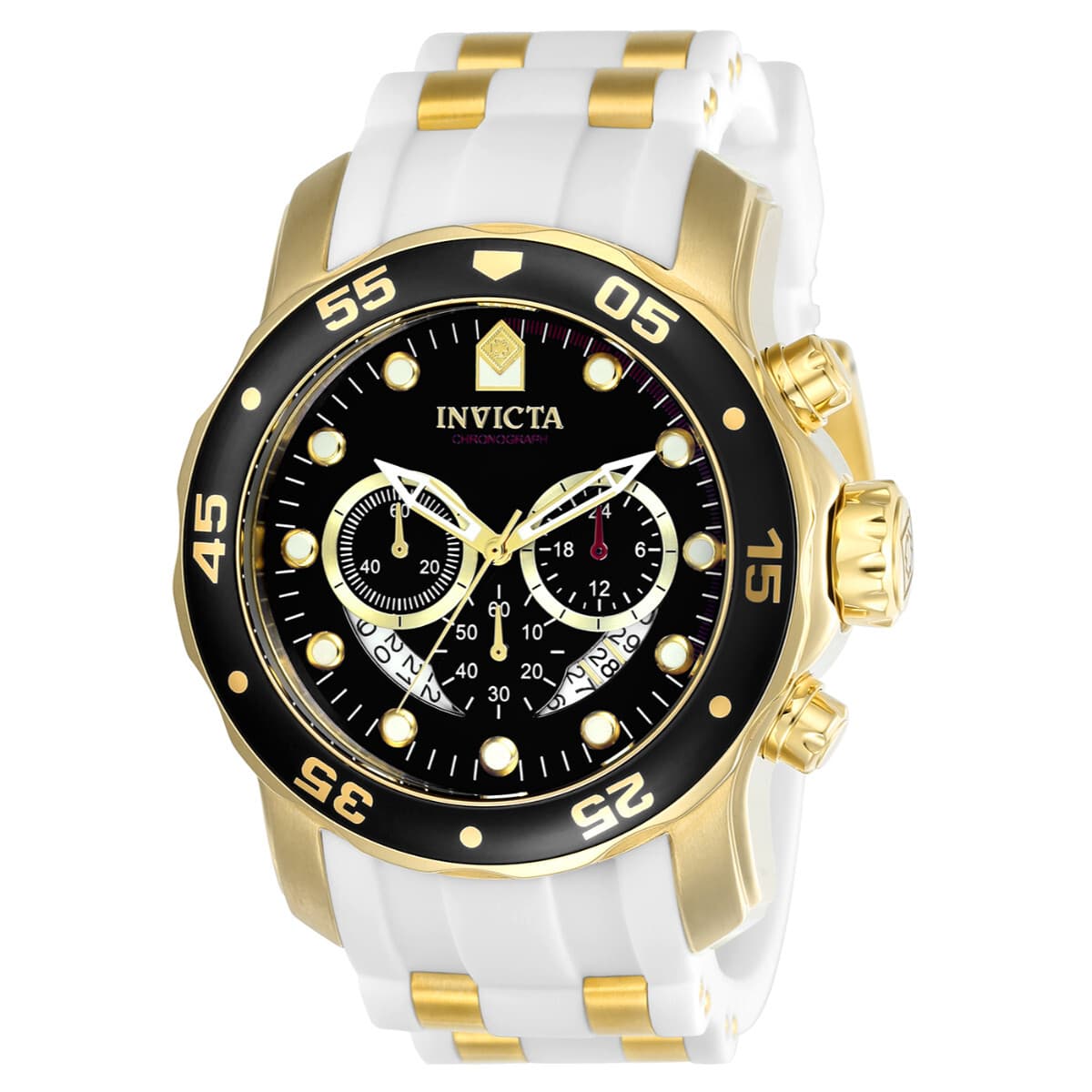 Invicta Mens Pro Diver SCUBA Chronograph 18Kt Gold Black Dial White Strap Watch - Image 1