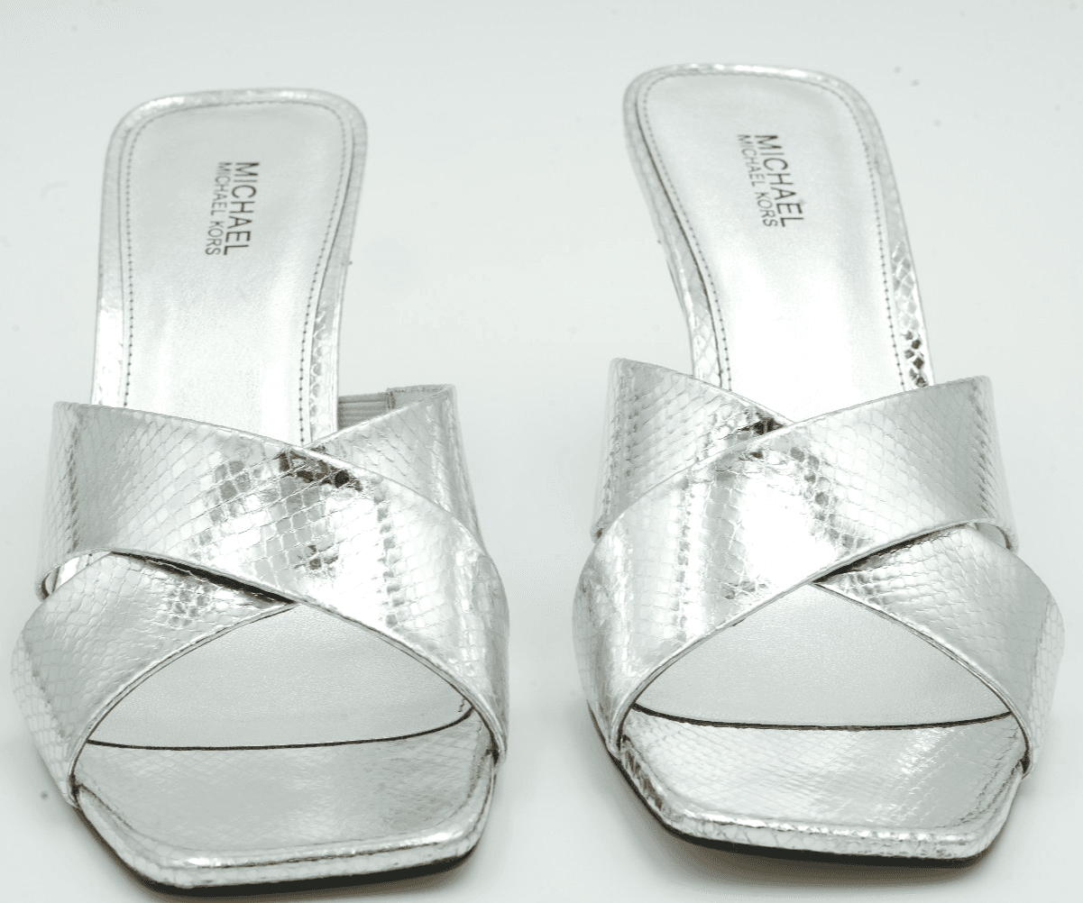 Michael Kors Clara Metallic Snake Embossed Leather Mule Silver 9 M - Image 1