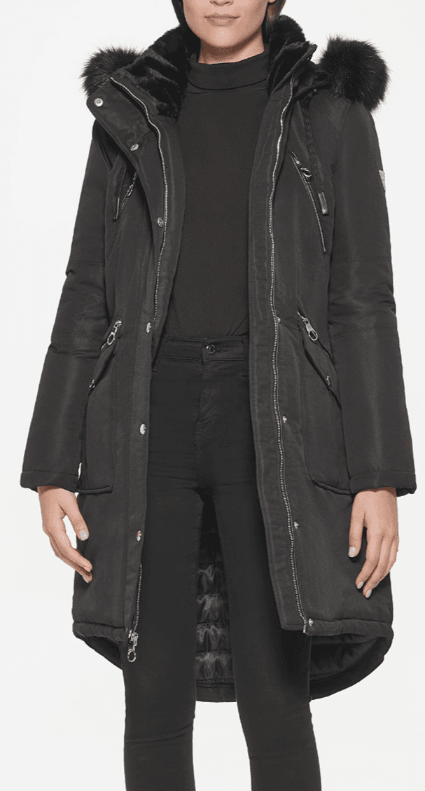 Guess Puffer Parka Jacket Black Removable Faux Fur Trim Hooded Coat Winter XL - Image 1
