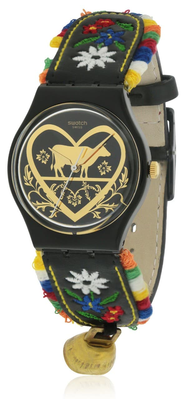 New Swiss Swatch DIE GLOCKE Black Embroidery Leather Women Watch 34mm GB285 - Image 1