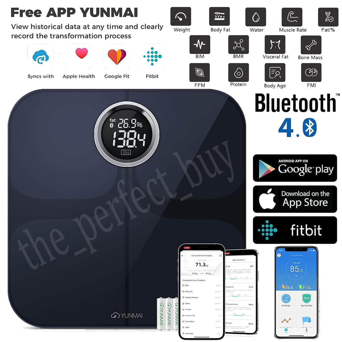 YUNMAI Premium Bluetooth Smart Body Fat Scale- IOS Android Fitbit Apple Health - Image 1