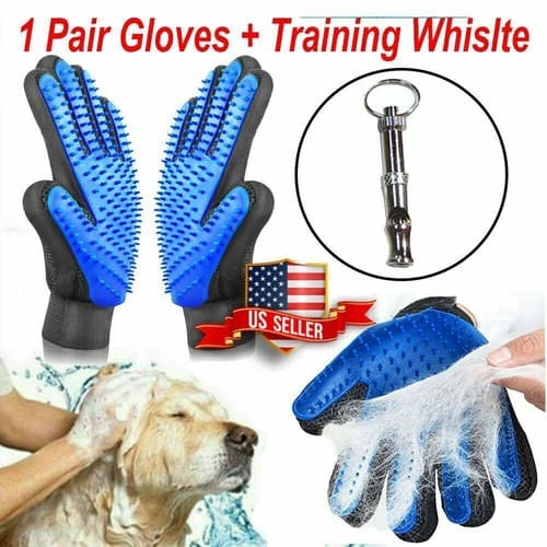 Deshedding Hair Fur Removal Pet Dog Cat Grooming Glove with Training Whistle - Image 1