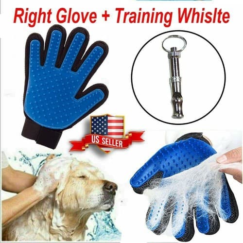 Gentle Deshedding Hair Fur Removal Pet Grooming Glove with Training Whistle - Image 1