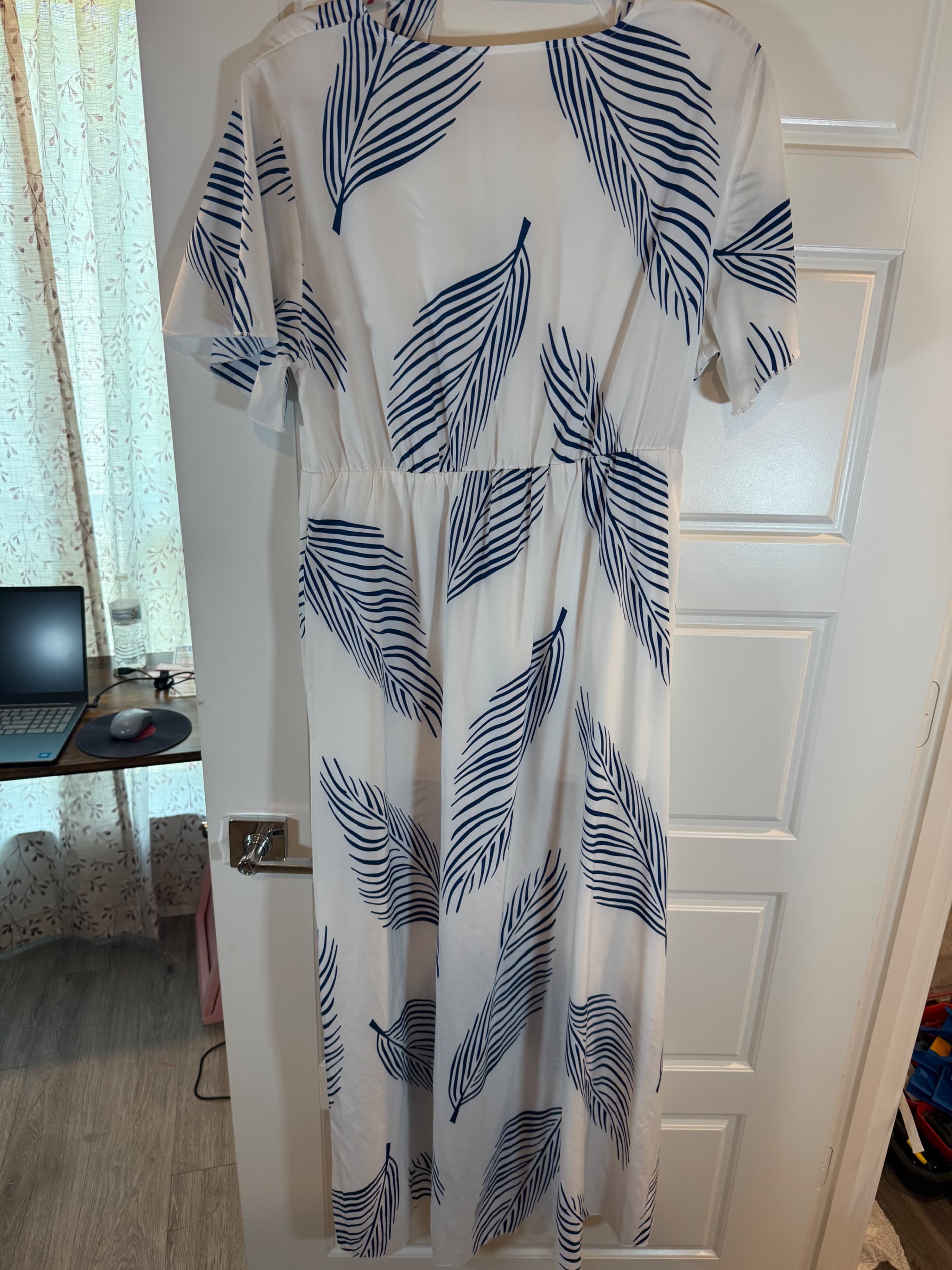 White Maxi Dress with Blue Leaf Print - Image 1
