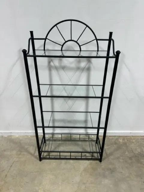 Black Metal Crescent Top Bakers Rack with Glass Shelves