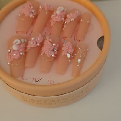 CAPTAIN CAT 3D Swan Pink Press-On Nails, Coffin Medium Wedding Handmade Set