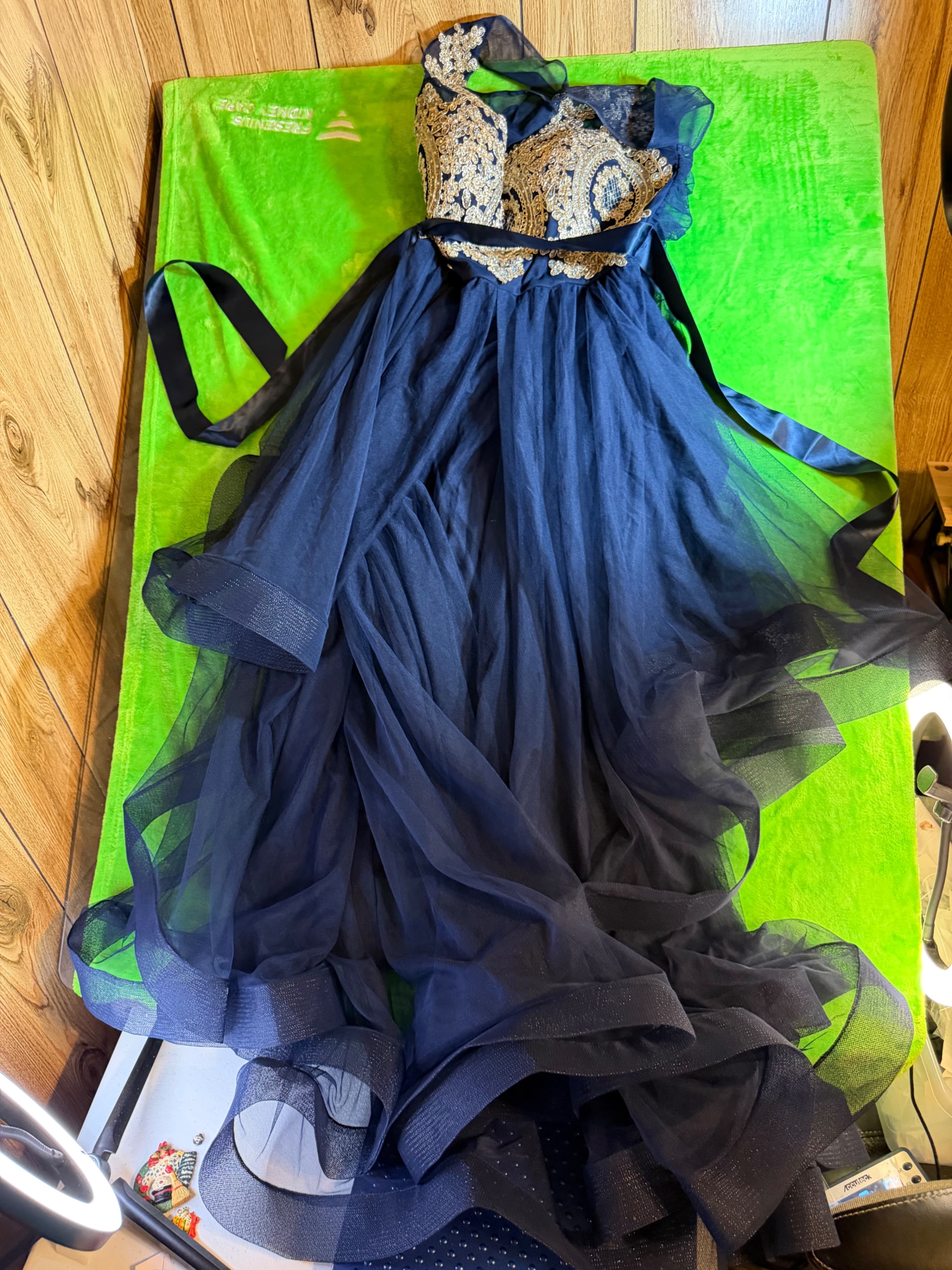 City Triangles Navy Blue Tulle Gown with Gold Embroidered Bodice